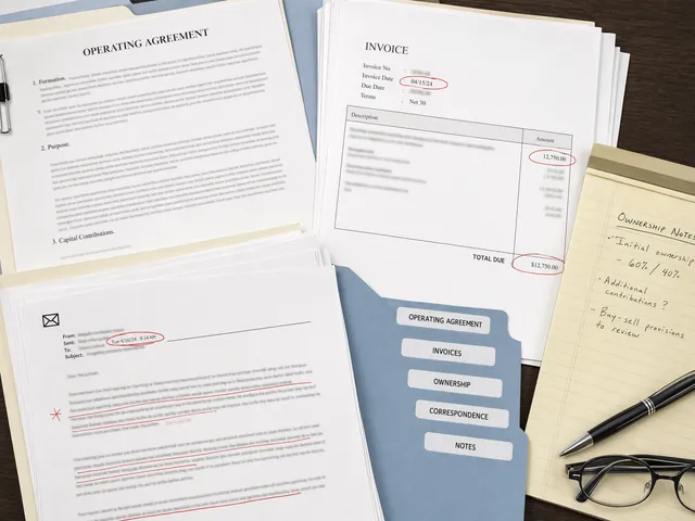 Business dispute file with agreement notes, invoices, ownership records, and marked review papers.