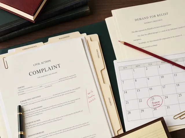 Civil litigation file with a complaint, demand letter, response deadline, and marked calendar.
