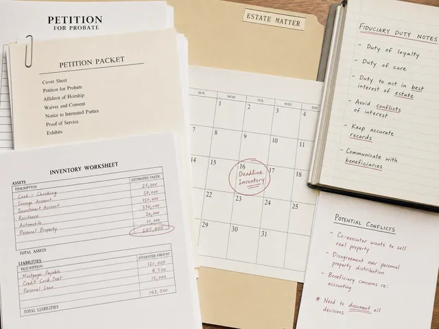 Probate conflict file with petitions, inventory notes, notice papers, and fiduciary review markings.